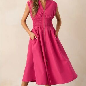entro Hot Pink Zip-Front Smocked Waist Midi Dress